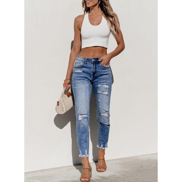 Women's Distressed Straight Leg Boyfriend Jeans Denim Spring Summer - Picture 3 of 6